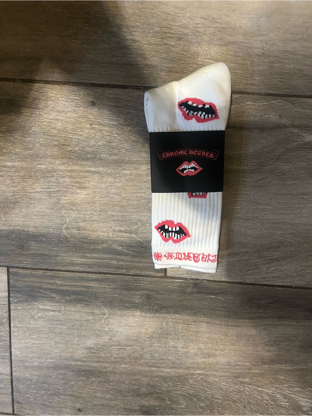 Chrome Hearts White Crew Socks with Pink Lip Motif